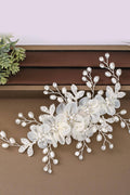 White Organza Flower Pearl Bridal Hair Comb Silver Rhinestone Wedding Hair Comb
