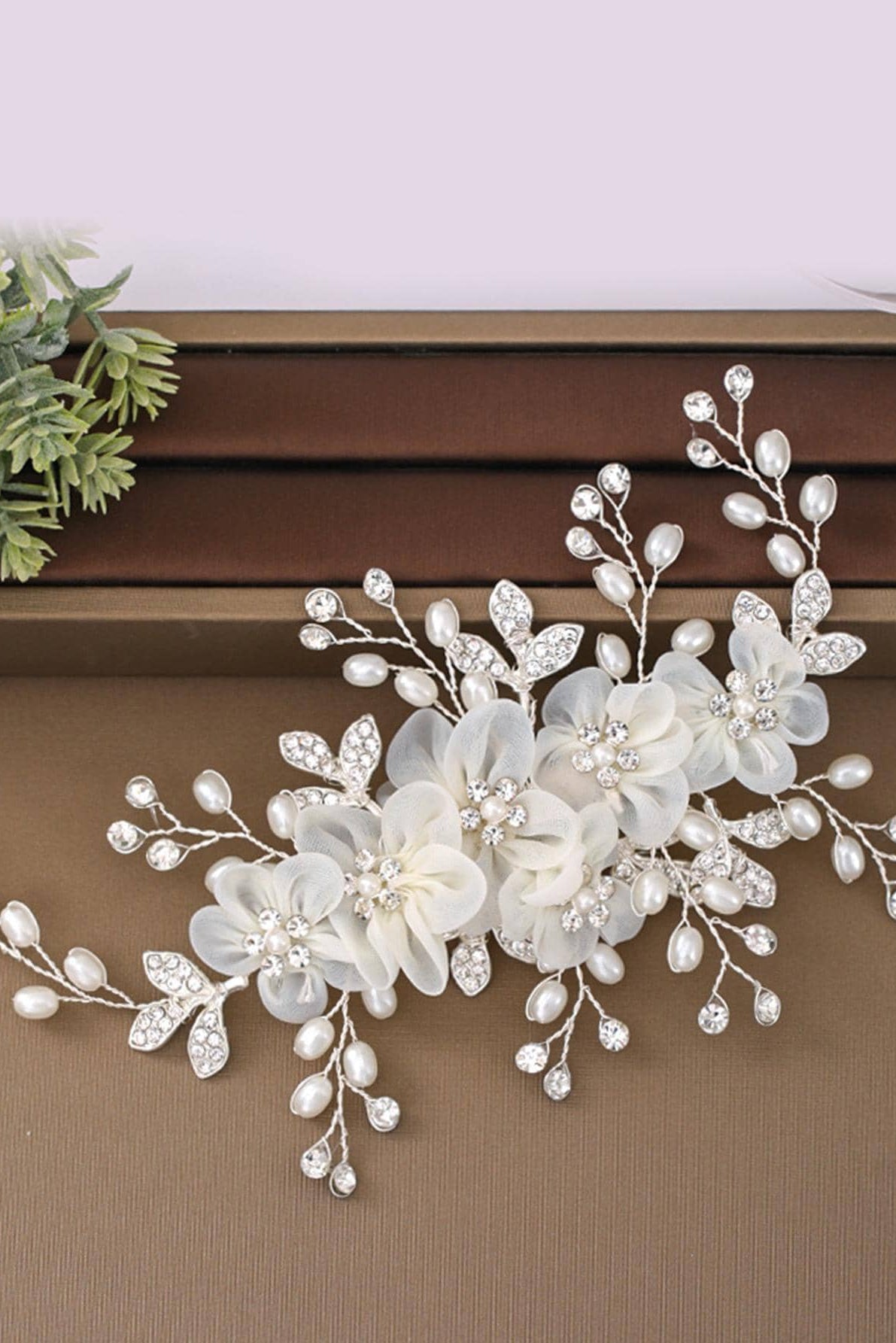 White Organza Flower Pearl Bridal Hair Comb Silver Rhinestone Wedding Hair Comb