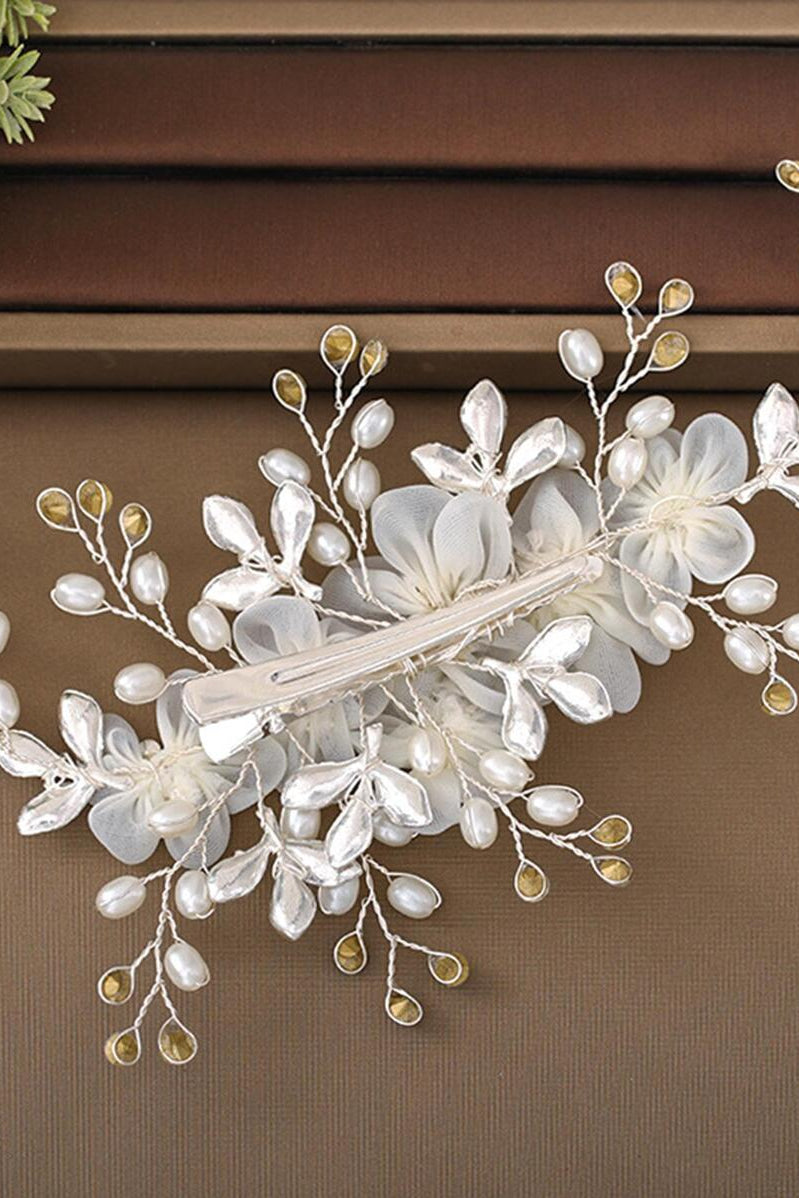 White Organza Flower Pearl Bridal Hair Comb Silver Rhinestone Wedding Hair Comb