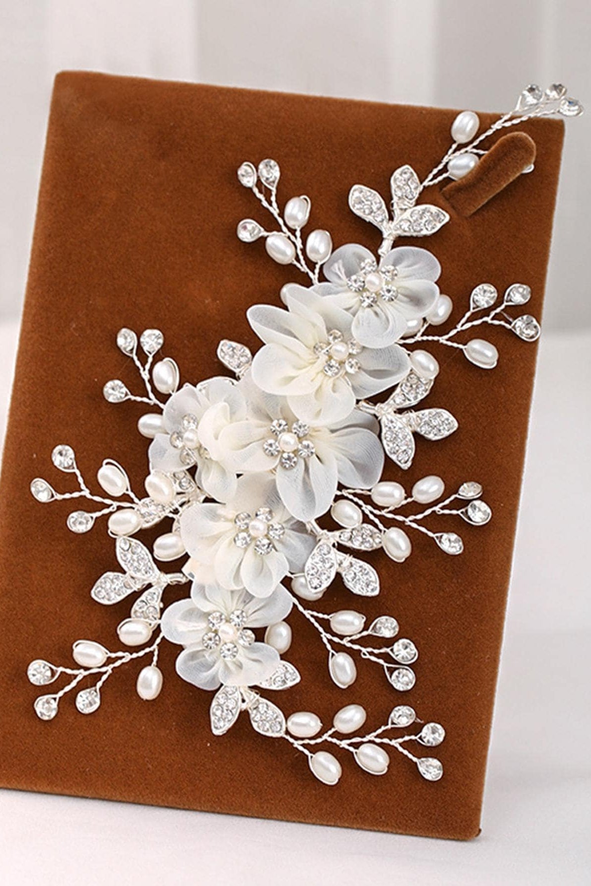 White Organza Flower Pearl Bridal Hair Comb Silver Rhinestone Wedding Hair Comb