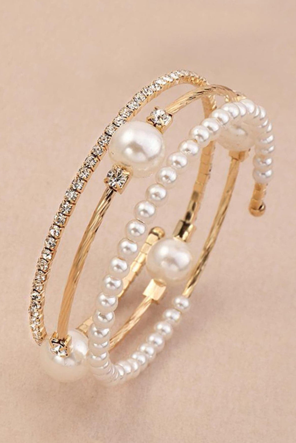 Gold Open Cuff Bangle Dual Row Pearl & Pave Rhinestone Adjustable Wedding Bracelet
