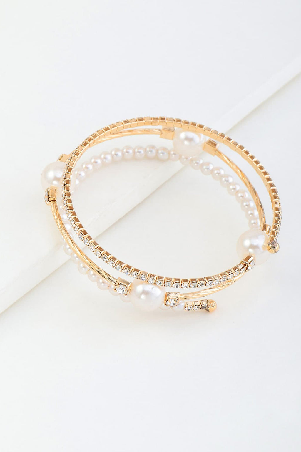 Gold Open Cuff Bangle Dual Row Pearl & Pave Rhinestone Adjustable Wedding Bracelet