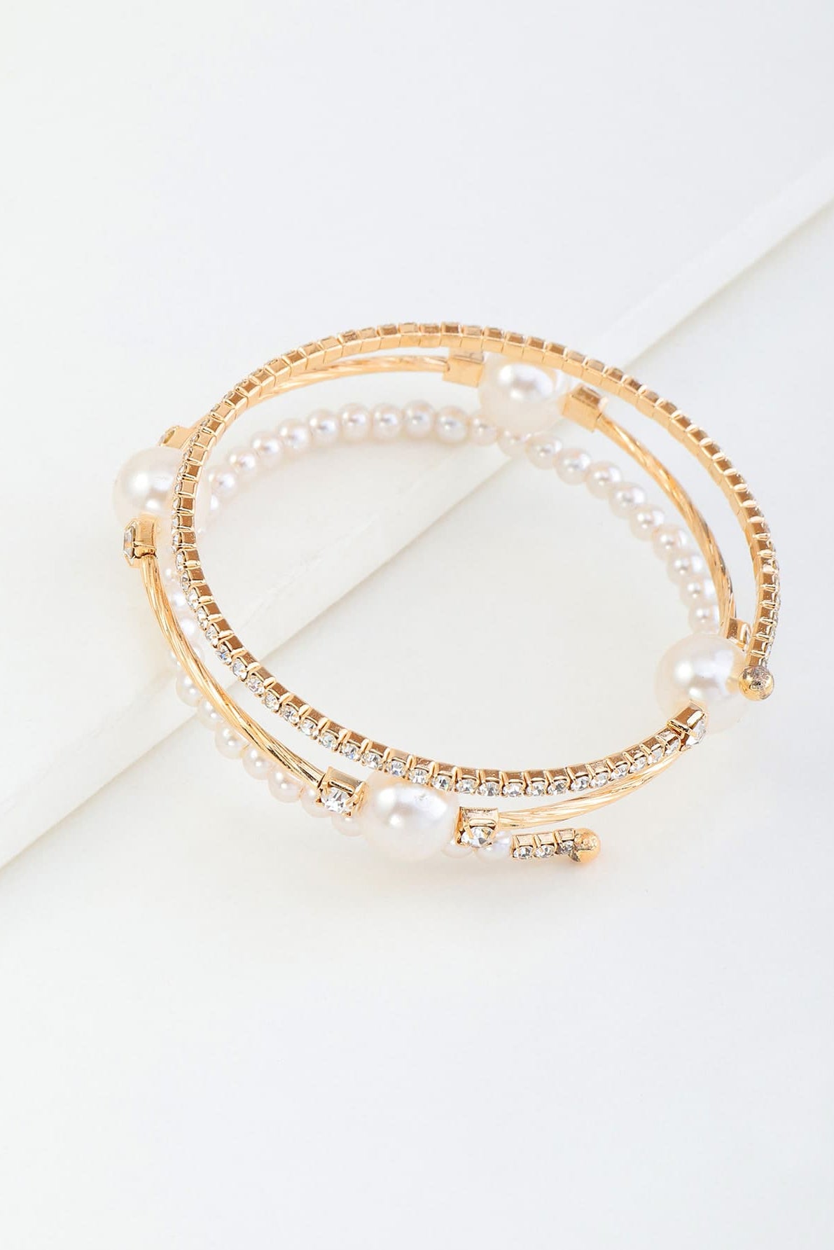 Gold Open Cuff Bangle Dual Row Pearl & Pave Rhinestone Adjustable Wedding Bracelet