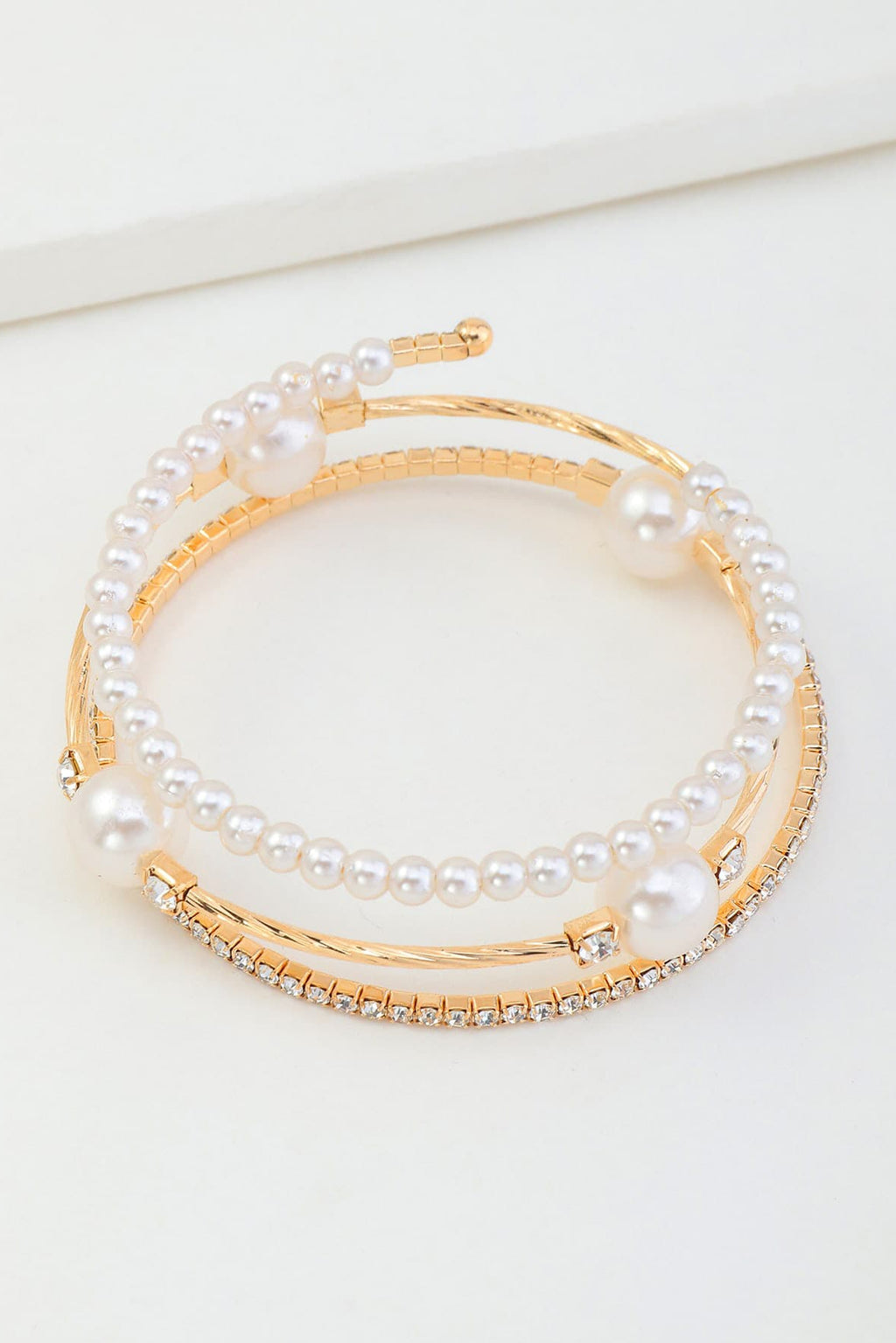 Gold Open Cuff Bangle Dual Row Pearl & Pave Rhinestone Adjustable Wedding Bracelet