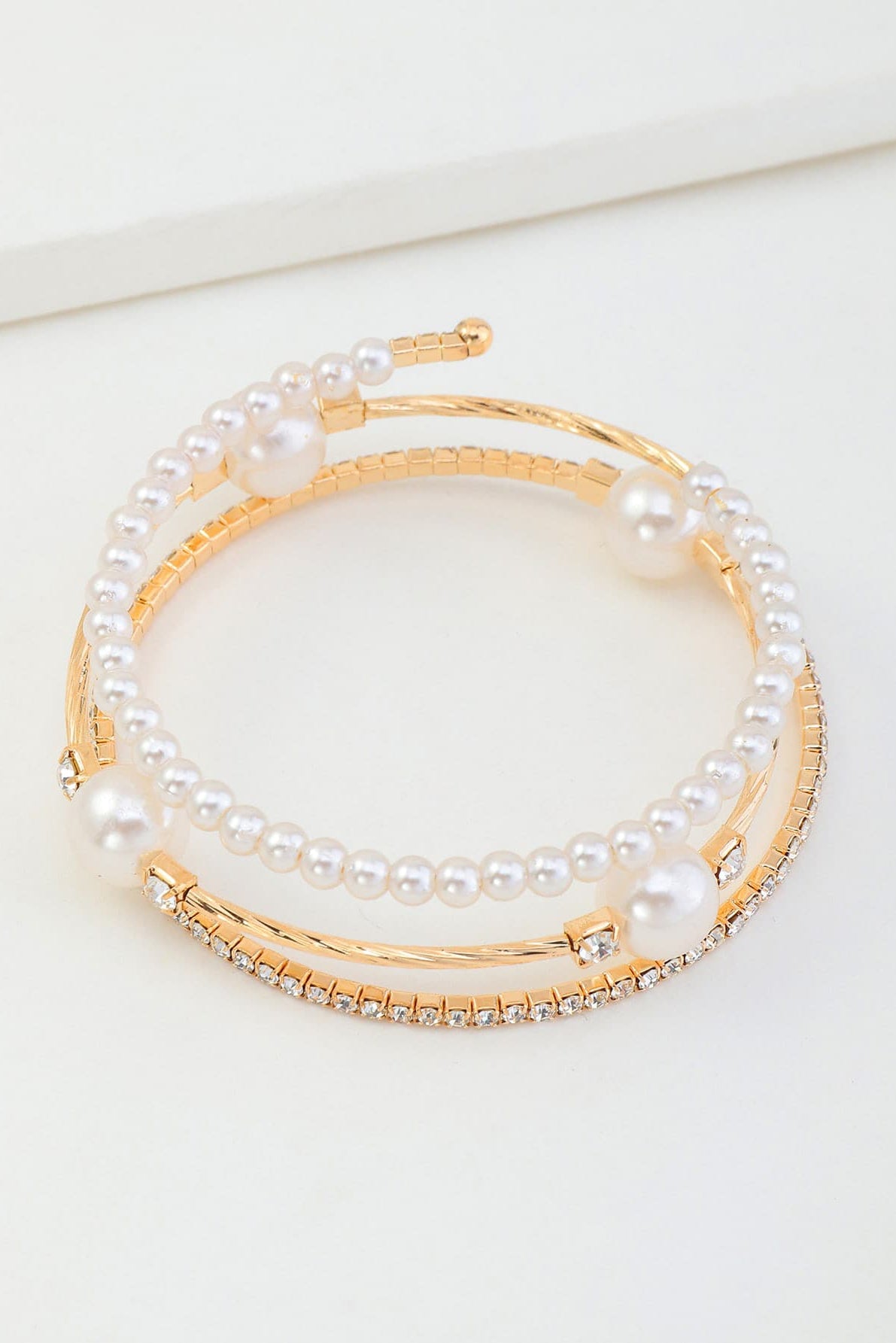 Gold Open Cuff Bangle Dual Row Pearl & Pave Rhinestone Adjustable Wedding Bracelet