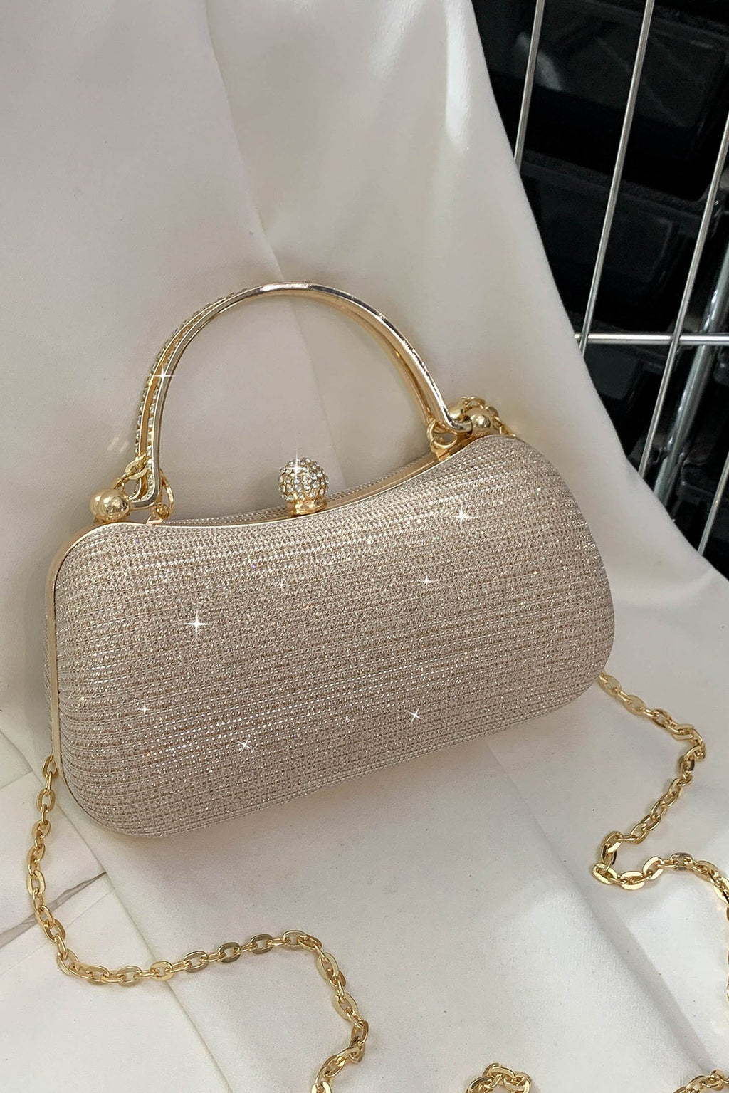 All Over Champagne Mini Rhinestone Kiss Lock Clutch Bag Rhinestone Wrapped Metal Handle & Detachable Gold Crossbody Chain