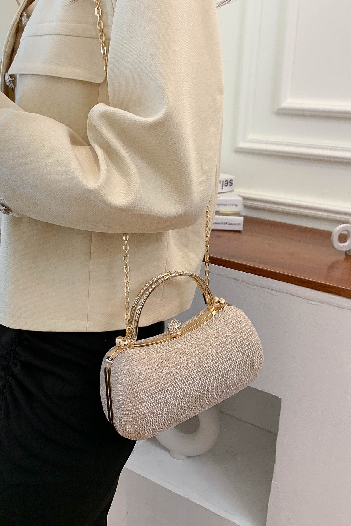 All Over Champagne Mini Rhinestone Kiss Lock Clutch Bag Rhinestone Wrapped Metal Handle & Detachable Gold Crossbody Chain
