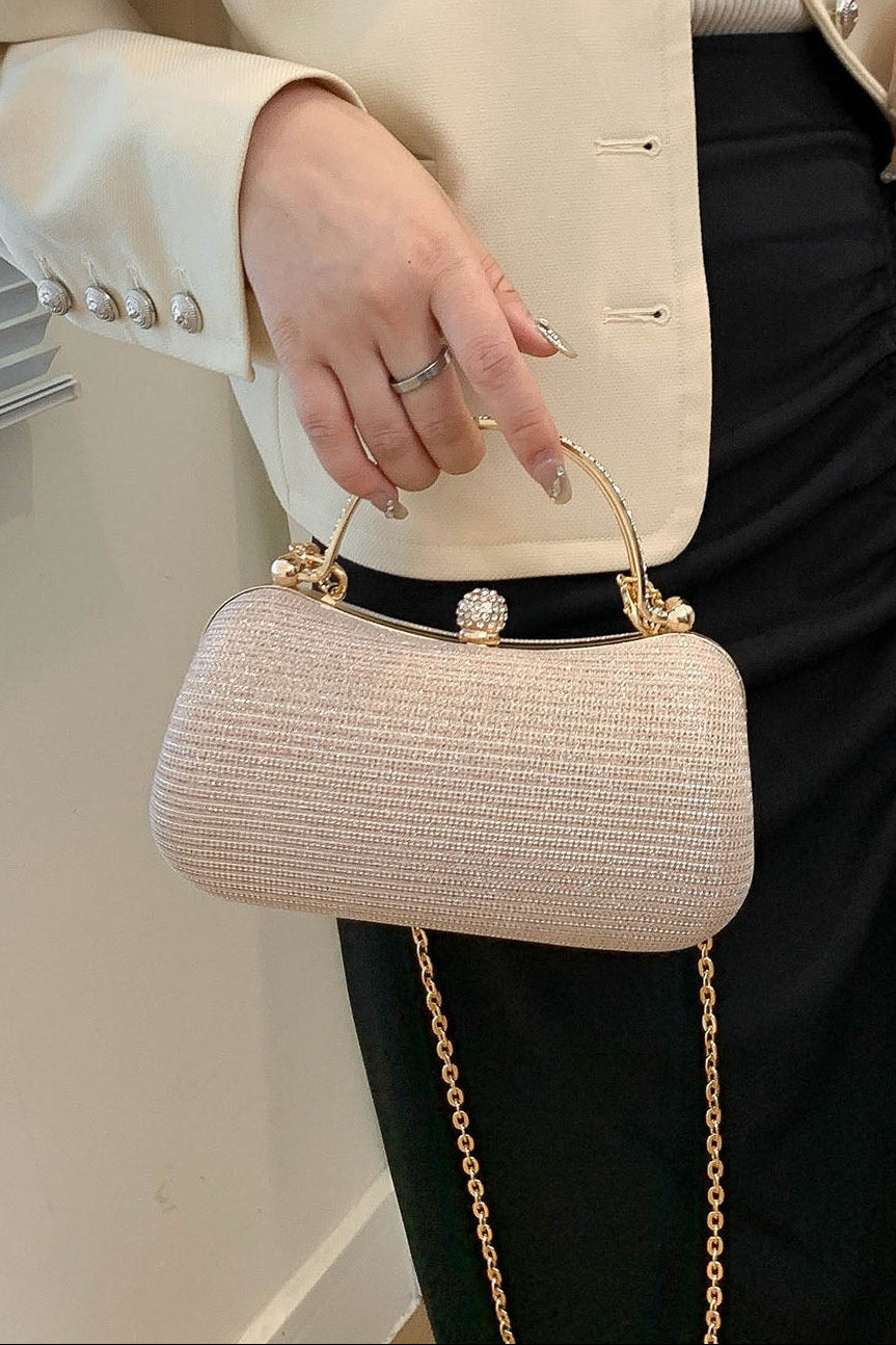 All Over Champagne Mini Rhinestone Kiss Lock Clutch Bag Rhinestone Wrapped Metal Handle & Detachable Gold Crossbody Chain