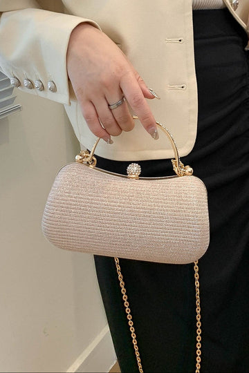 All Over Champagne Mini Rhinestone Kiss Lock Clutch Bag Rhinestone Wrapped Metal Handle & Detachable Gold Crossbody Chain