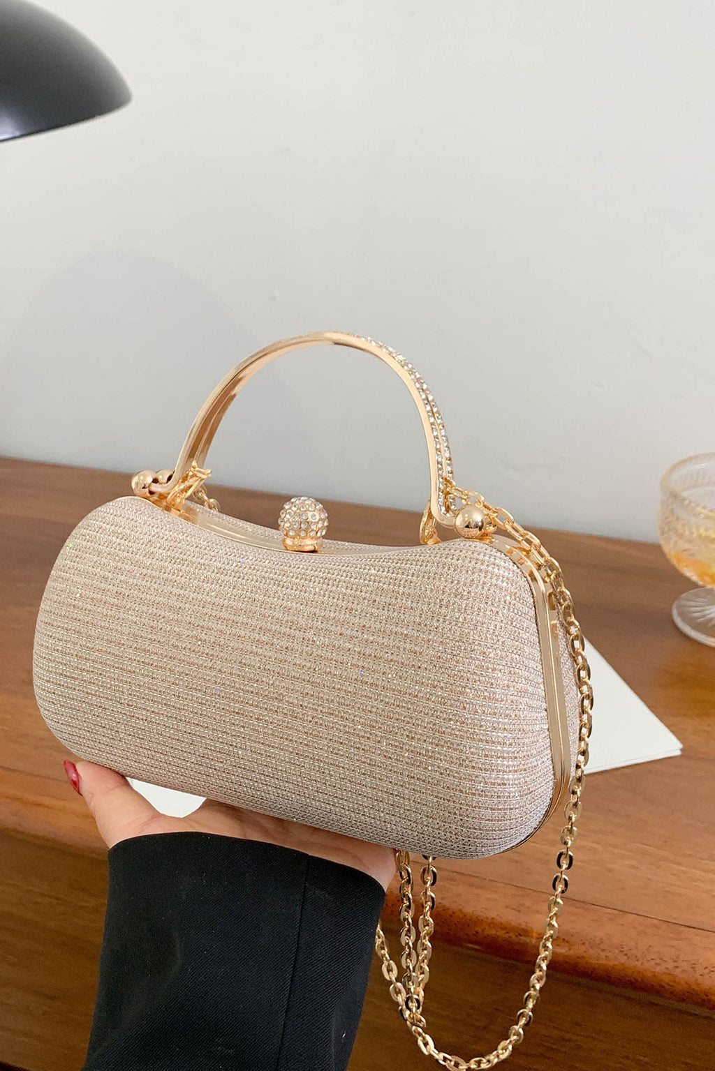All Over Champagne Mini Rhinestone Kiss Lock Clutch Bag Rhinestone Wrapped Metal Handle & Detachable Gold Crossbody Chain
