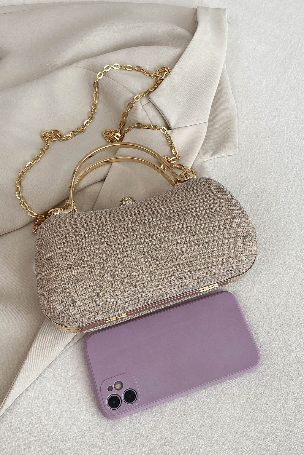 All Over Champagne Mini Rhinestone Kiss Lock Clutch Bag Rhinestone Wrapped Metal Handle & Detachable Gold Crossbody Chain