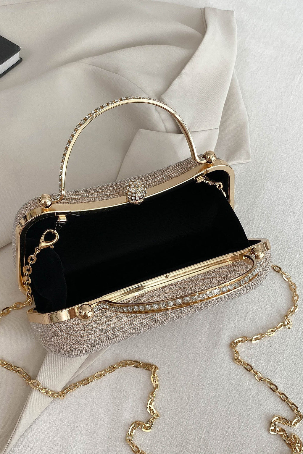 All Over Champagne Mini Rhinestone Kiss Lock Clutch Bag Rhinestone Wrapped Metal Handle & Detachable Gold Crossbody Chain