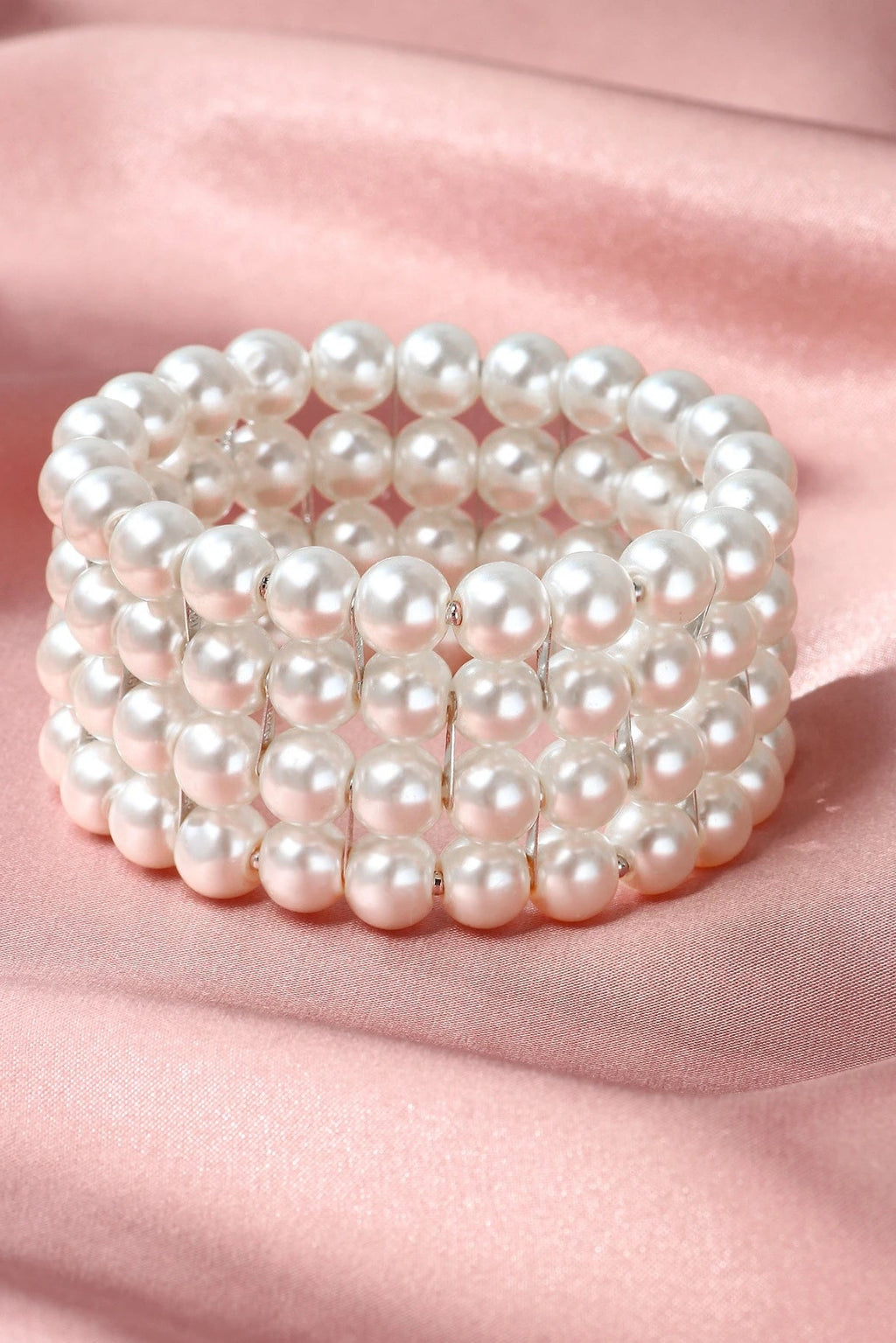 Multi Strand Coiled Wrap Pearl Bangle 4 Rows White Imitation Pearl Stretch Wedding Bracelet
