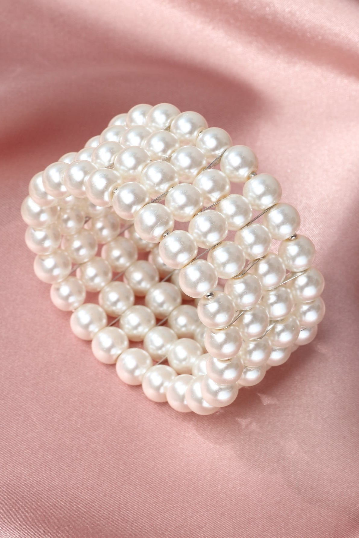 Multi Strand Coiled Wrap Pearl Bangle 4 Rows White Imitation Pearl Stretch Wedding Bracelet