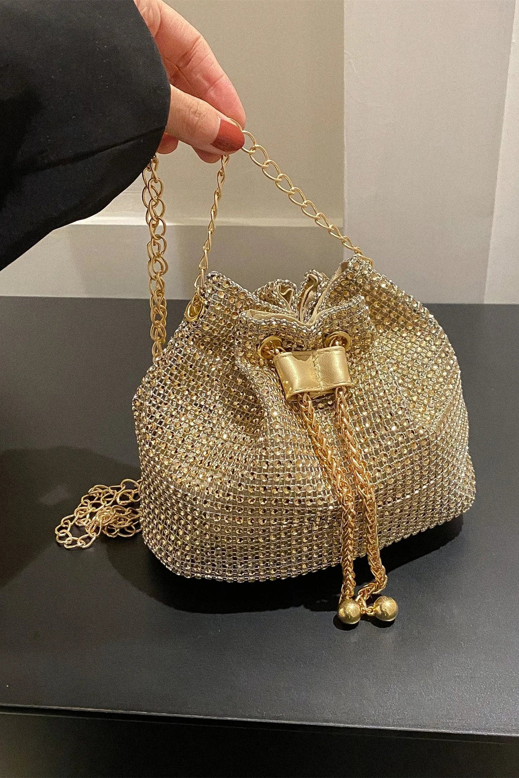 Shiny Gold Rhinestone Mesh Drawstring Mini Bucket Crossbody Bag