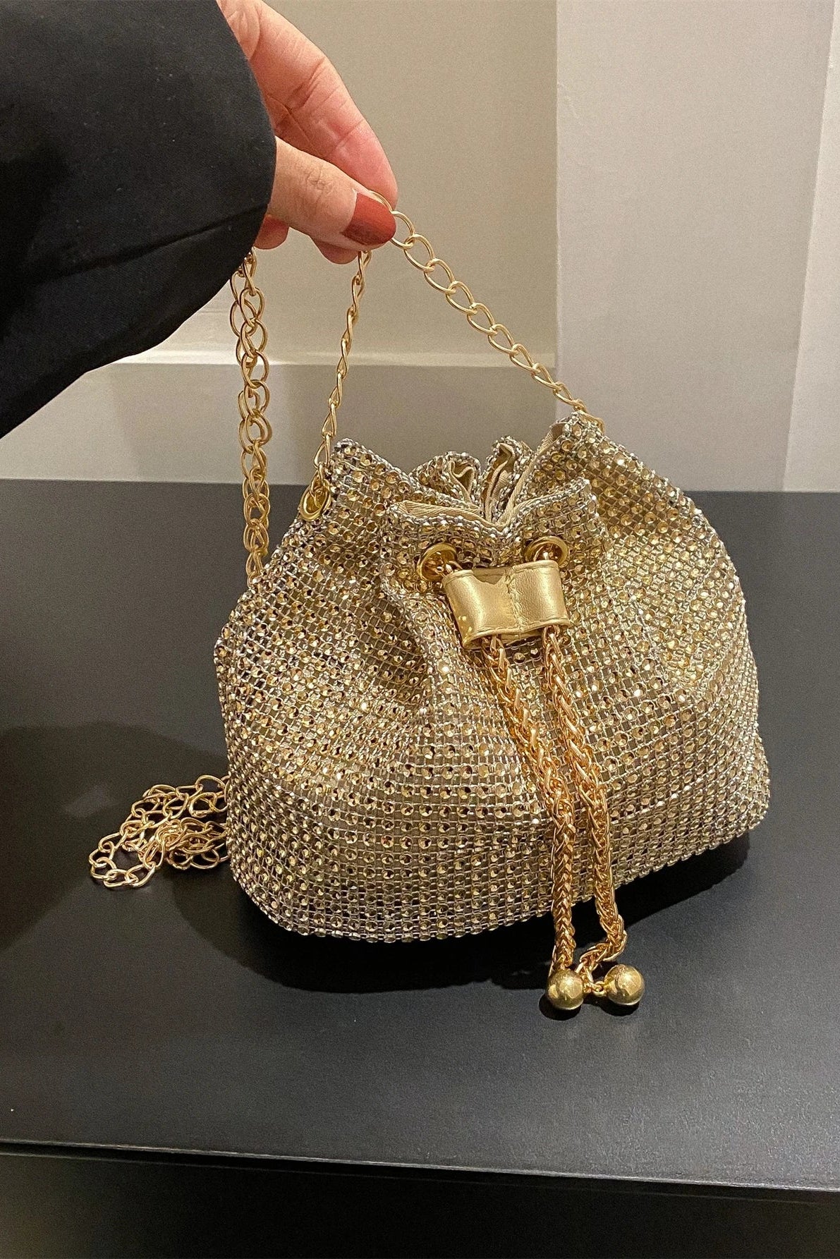 Shiny Gold Rhinestone Mesh Drawstring Mini Bucket Crossbody Bag