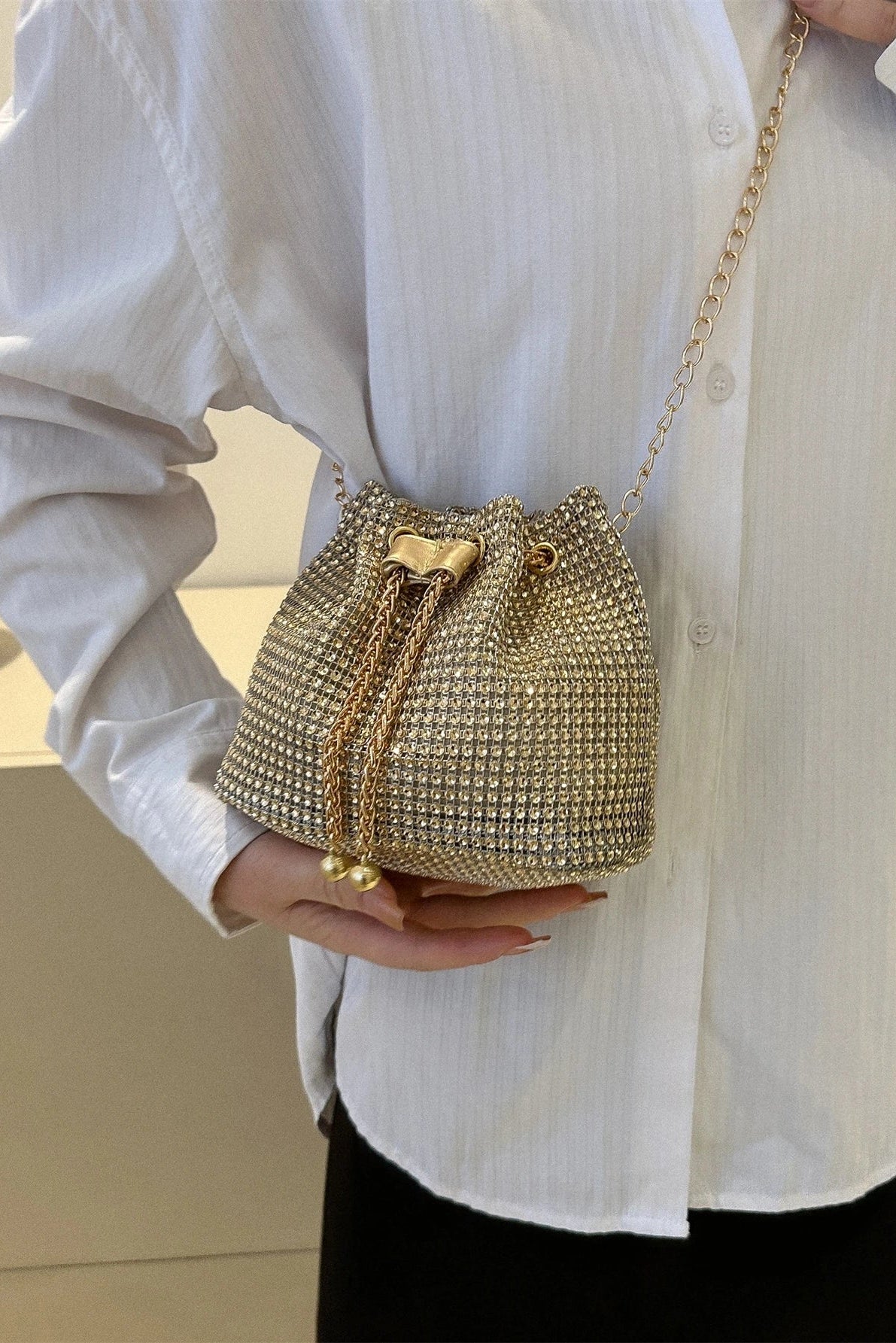 Shiny Gold Rhinestone Mesh Drawstring Mini Bucket Crossbody Bag