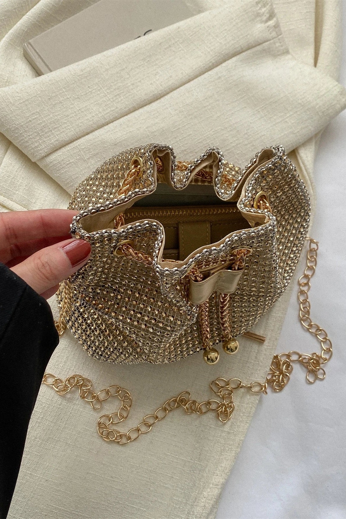 Shiny Gold Rhinestone Mesh Drawstring Mini Bucket Crossbody Bag