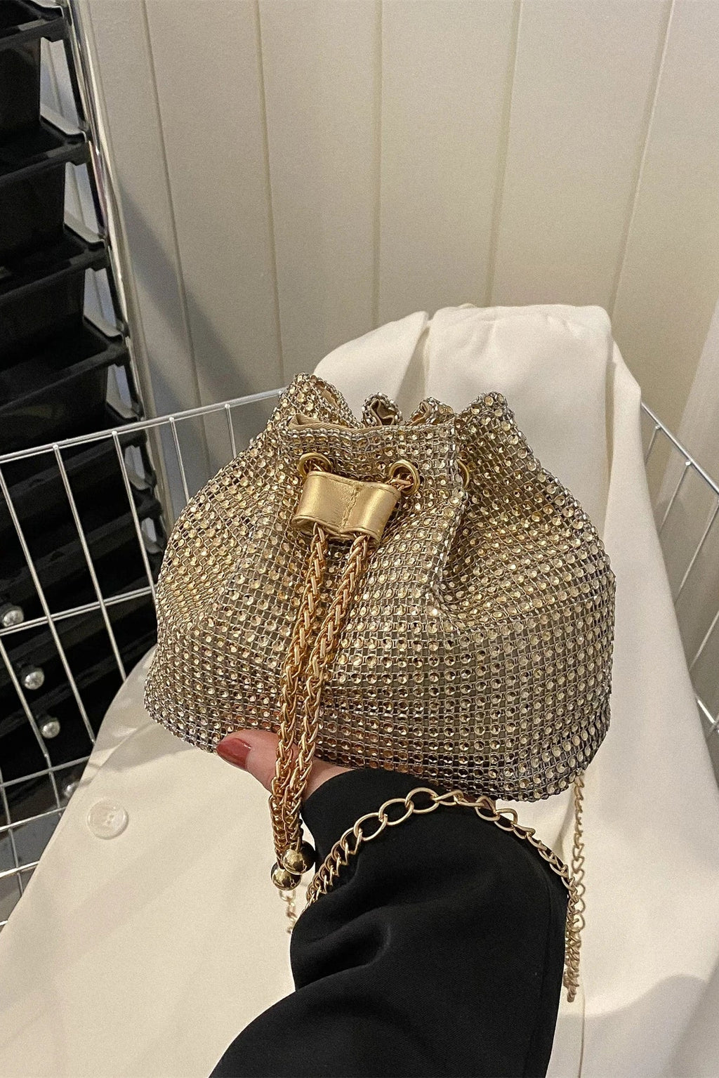 Shiny Gold Rhinestone Mesh Drawstring Mini Bucket Crossbody Bag