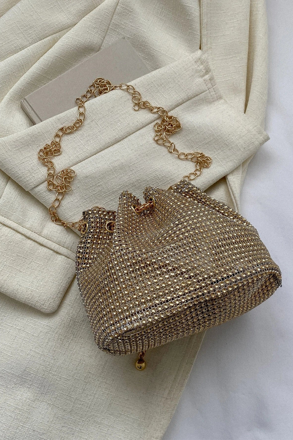 Shiny Gold Rhinestone Mesh Drawstring Mini Bucket Crossbody Bag