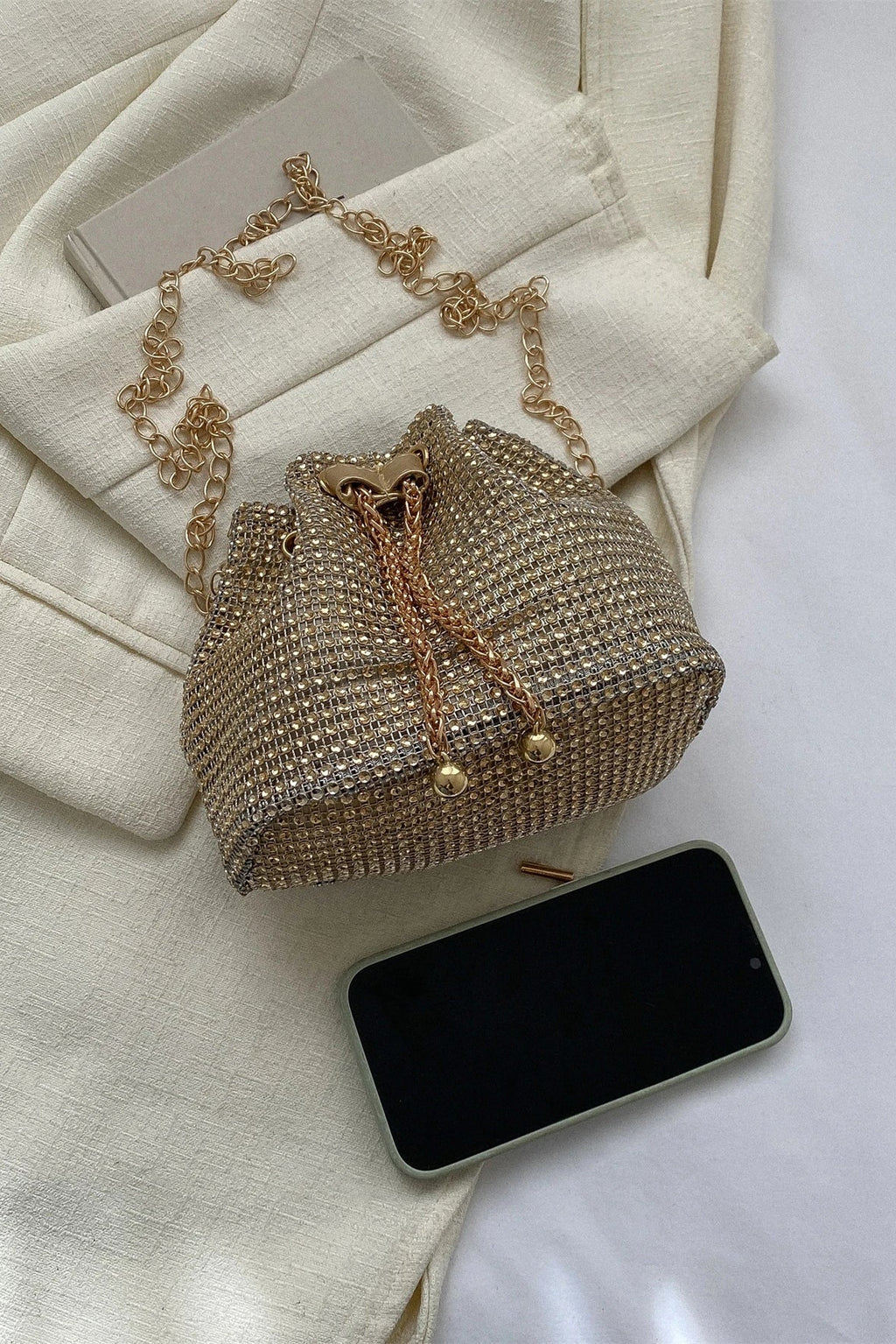 Shiny Gold Rhinestone Mesh Drawstring Mini Bucket Crossbody Bag