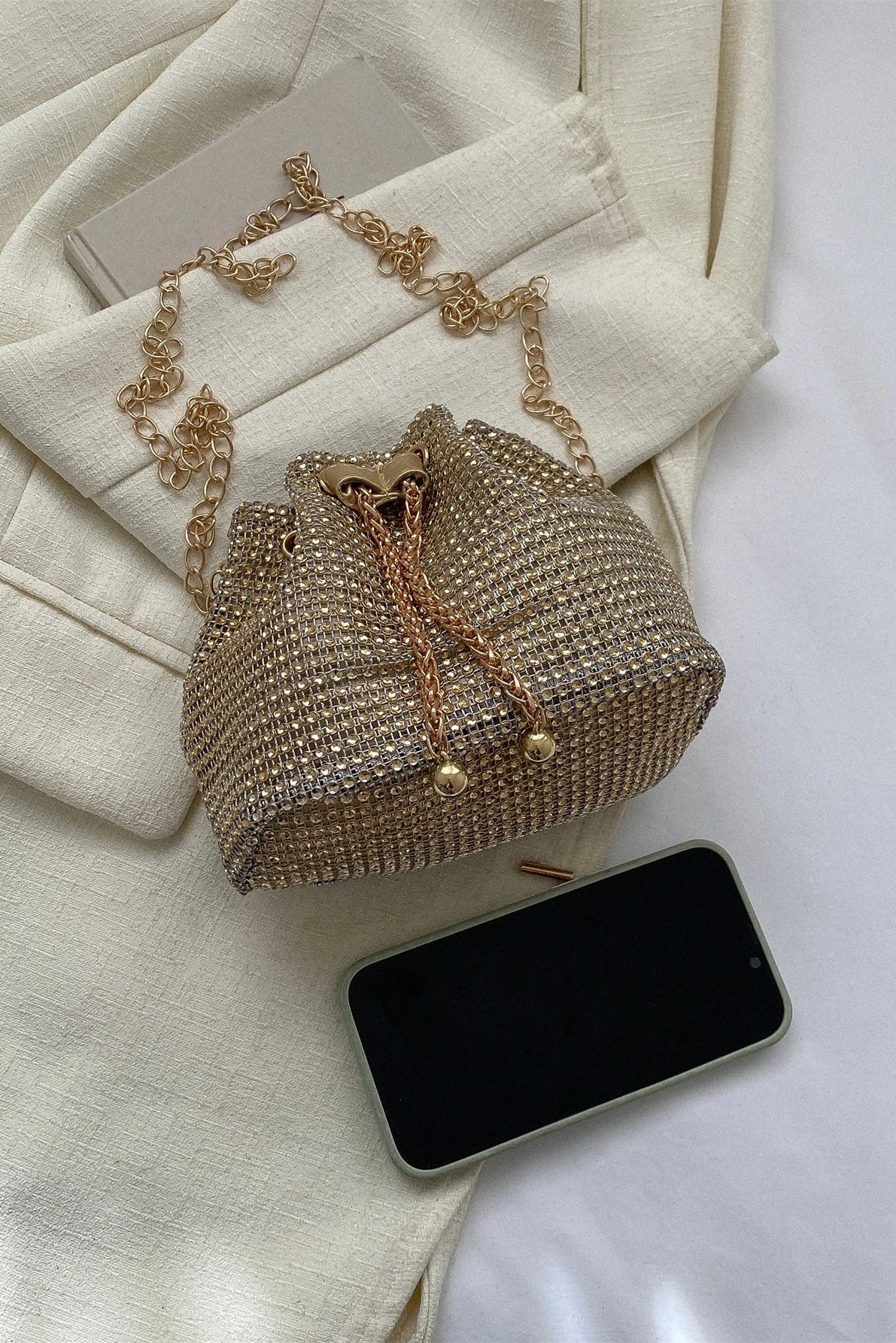 Shiny Gold Rhinestone Mesh Drawstring Mini Bucket Crossbody Bag