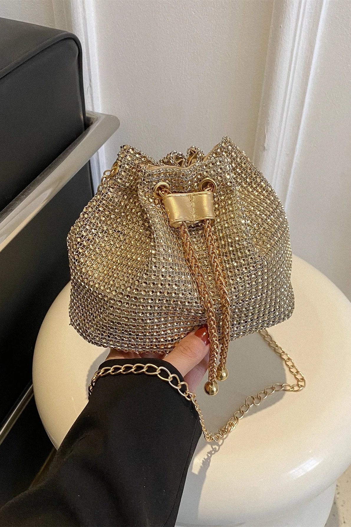 Shiny Gold Rhinestone Mesh Drawstring Mini Bucket Crossbody Bag