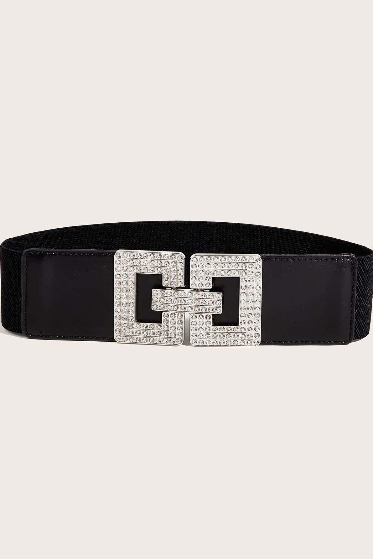Black Wide Stretch Waist Belt Rhinestone Interlocking Square Buckle Women Dress Waistband