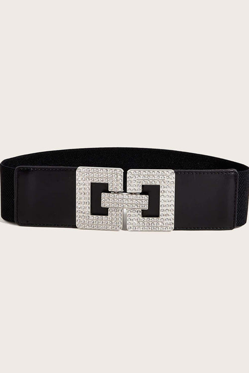 Black Wide Stretch Waist Belt Rhinestone Interlocking Square Buckle Women Dress Waistband