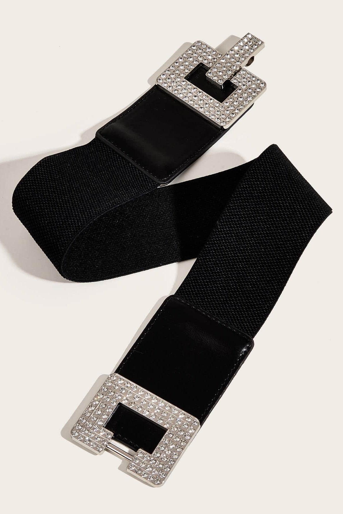 Black Wide Stretch Waist Belt Rhinestone Interlocking Square Buckle Women Dress Waistband