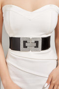 Black Wide Stretch Waist Belt Rhinestone Interlocking Square Buckle Women Dress Waistband