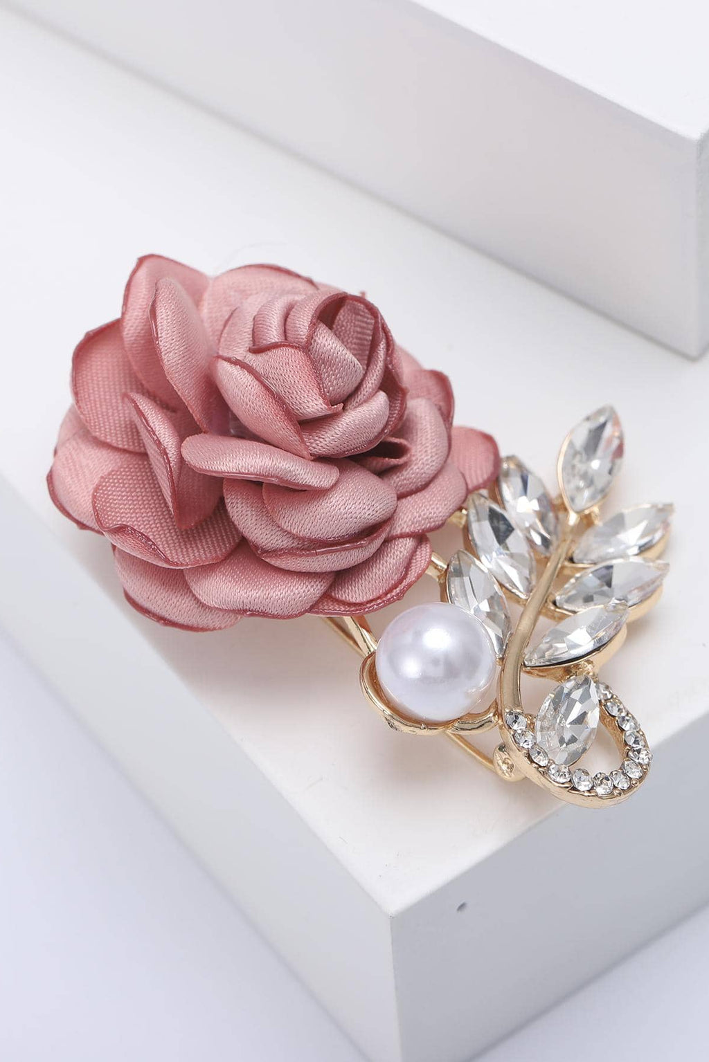 Dusty Rose Fabric Rose Brooch Gold Leaf Crystal Pearl Accent Romantic Floral Lapel Pin