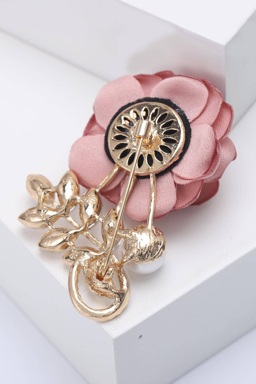 Dusty Rose Fabric Rose Brooch Gold Leaf Crystal Pearl Accent Romantic Floral Lapel Pin