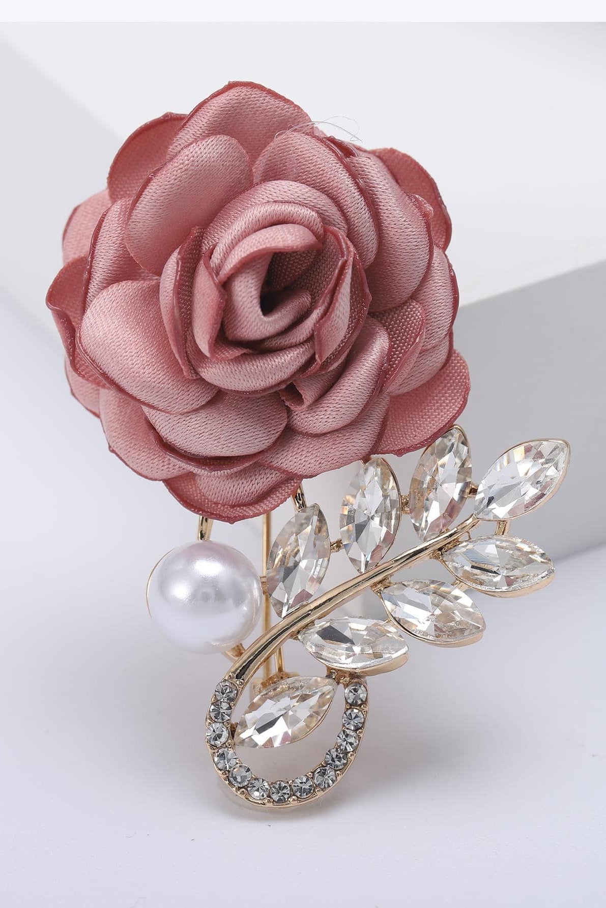 Dusty Rose Fabric Rose Brooch Gold Leaf Crystal Pearl Accent Romantic Floral Lapel Pin
