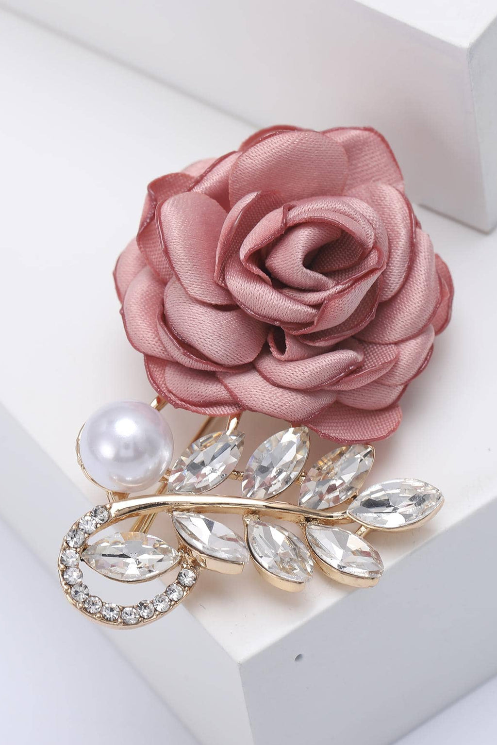 Dusty Rose Fabric Rose Brooch Gold Leaf Crystal Pearl Accent Romantic Floral Lapel Pin