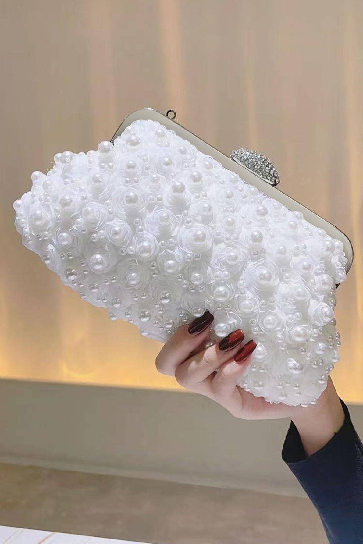 3D Lace Floral Pearl Kiss Lock Clutch with Crystal Rhinestone Frame