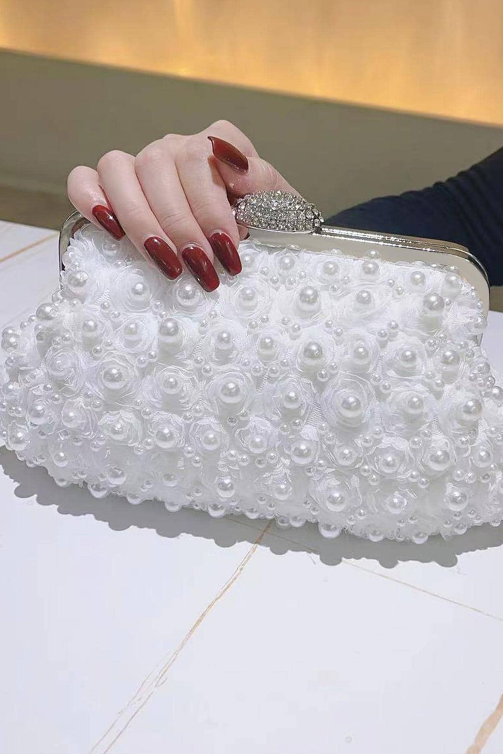 3D Lace Floral Pearl Kiss Lock Clutch with Crystal Rhinestone Frame