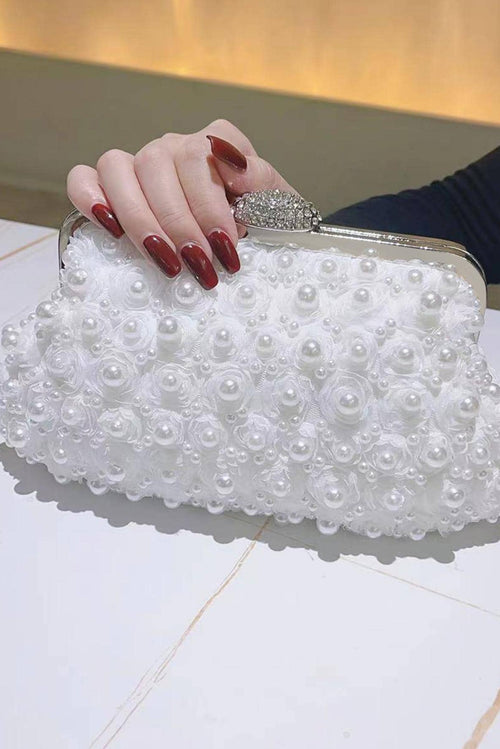 3D Lace Floral Pearl Kiss Lock Clutch with Crystal Rhinestone Frame