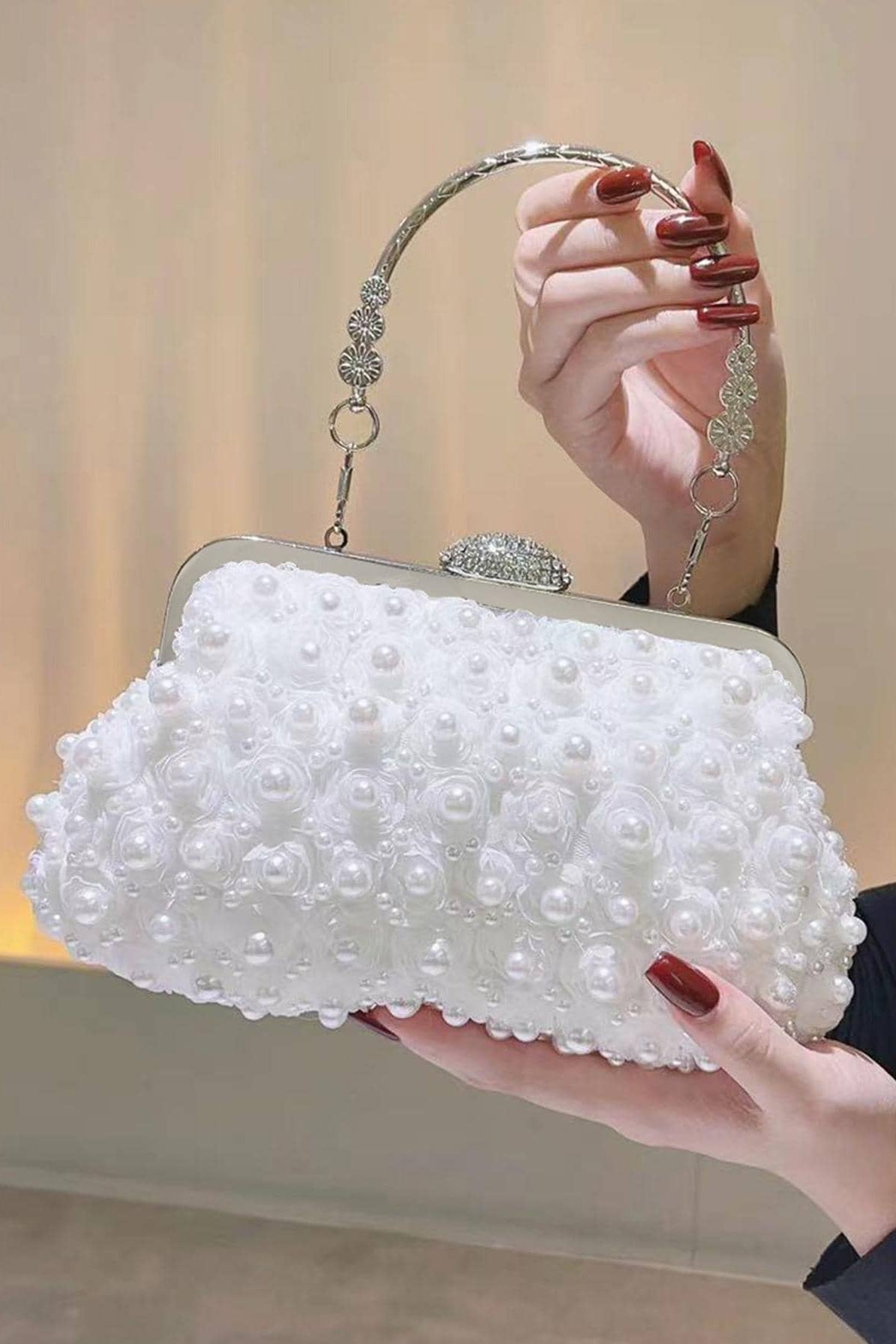 3D Lace Floral Pearl Kiss Lock Clutch with Crystal Rhinestone Frame