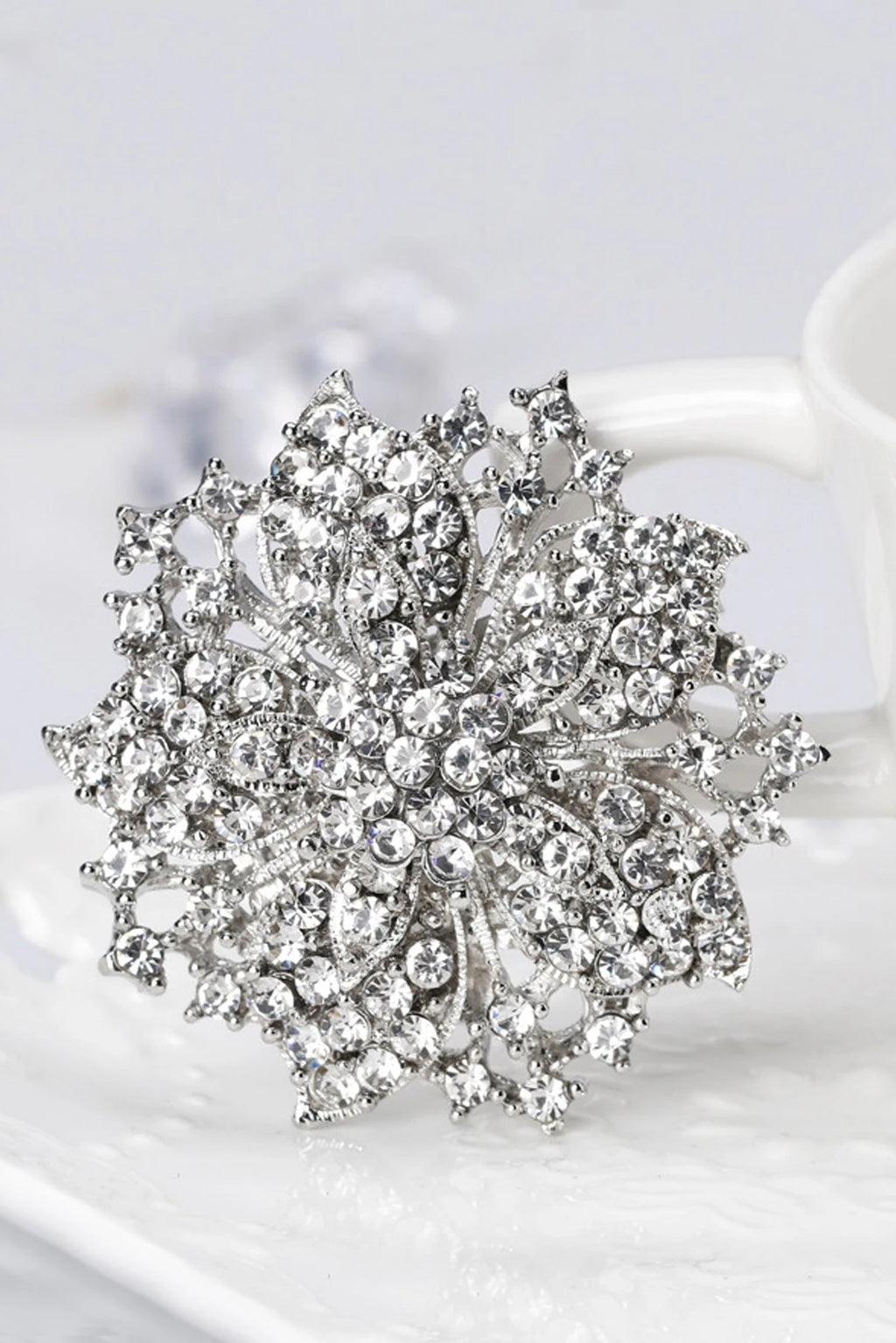 Dense Pave Silver Crystal Flower Statement Brooch