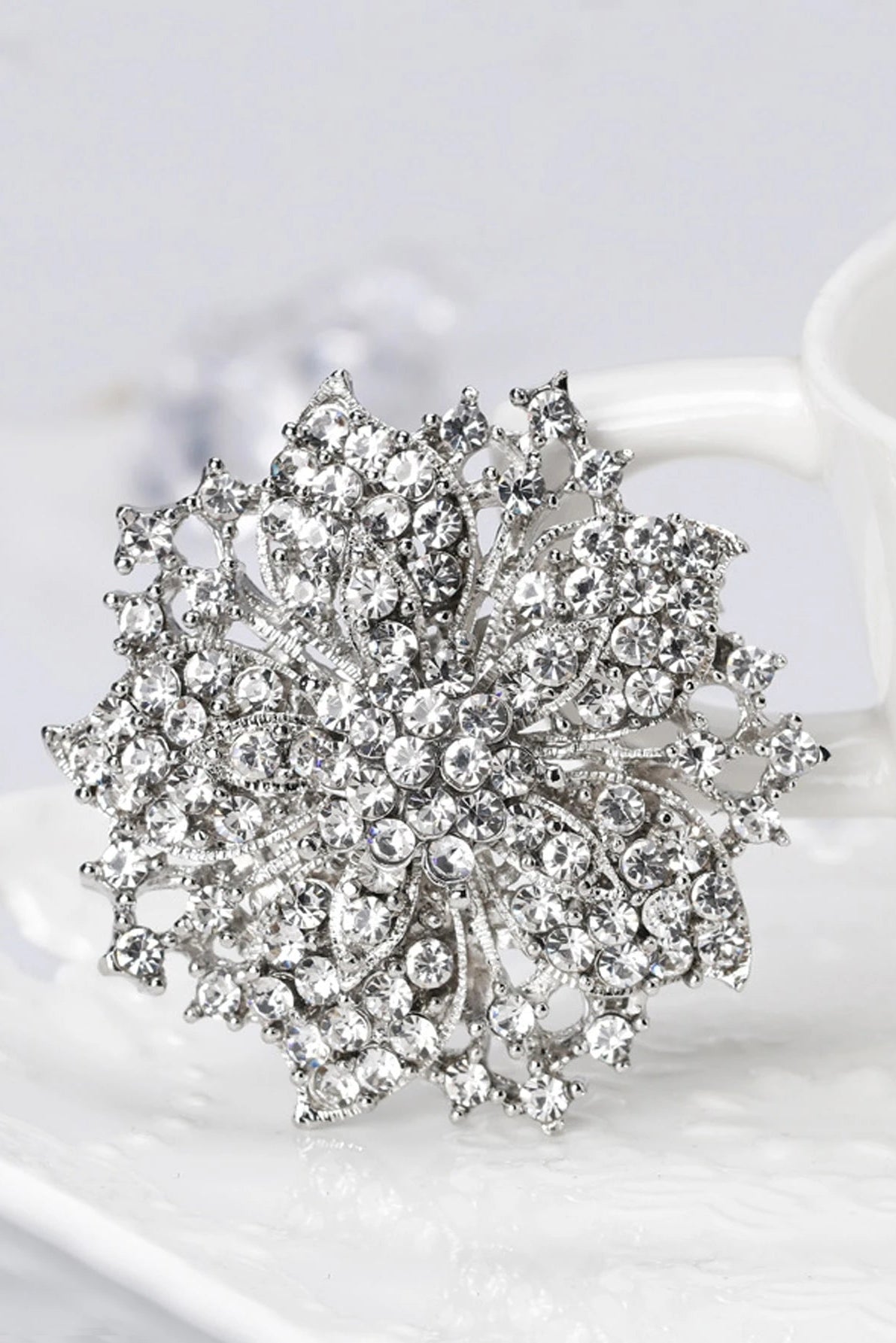 Dense Pave Silver Crystal Flower Statement Brooch