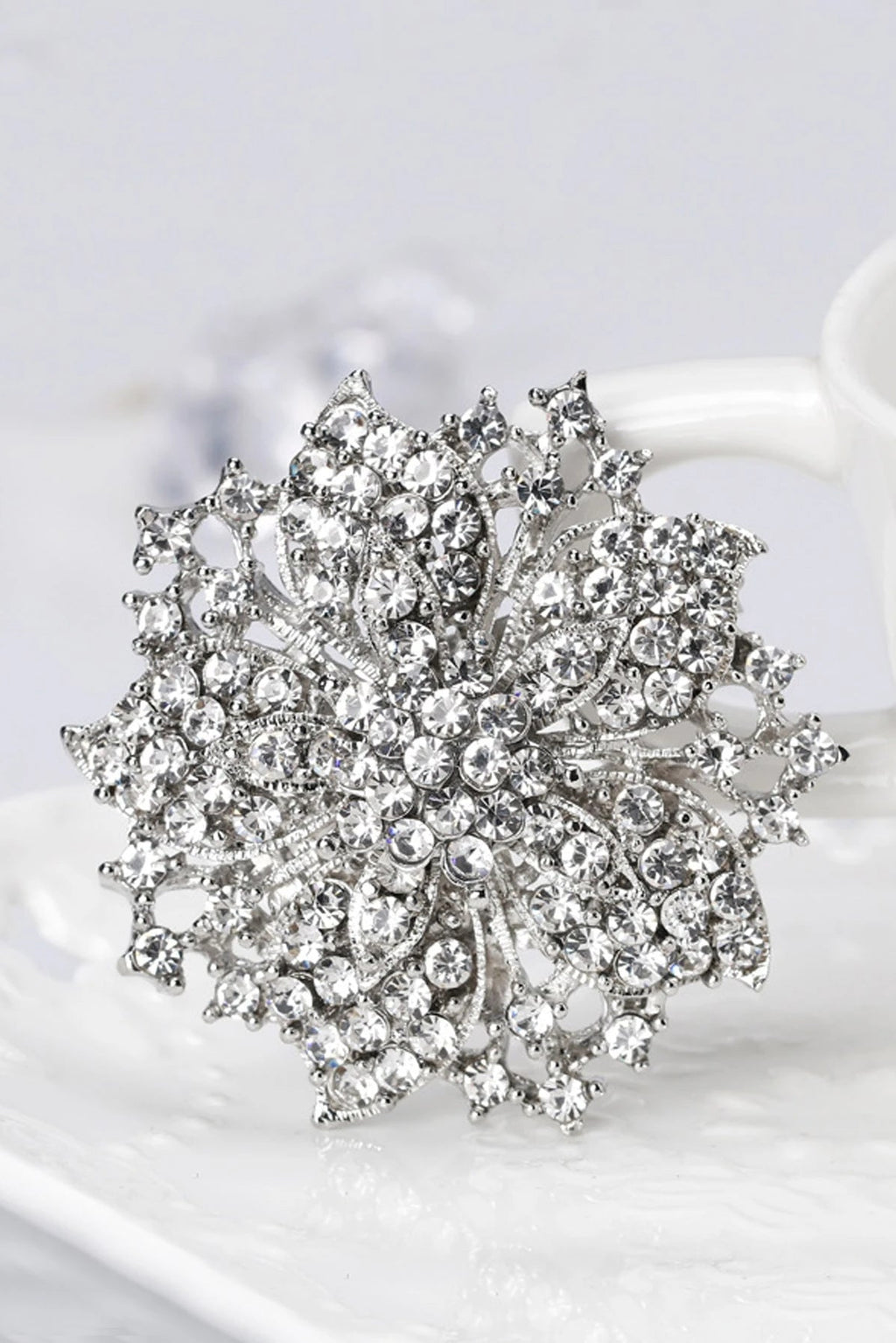 Full Crystal Paved Silver Flower Statement Brooch