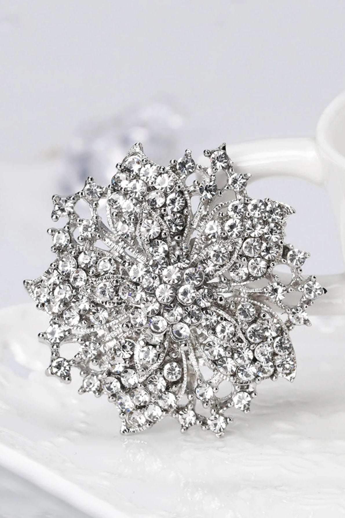 Full Crystal Paved Silver Flower Statement Brooch