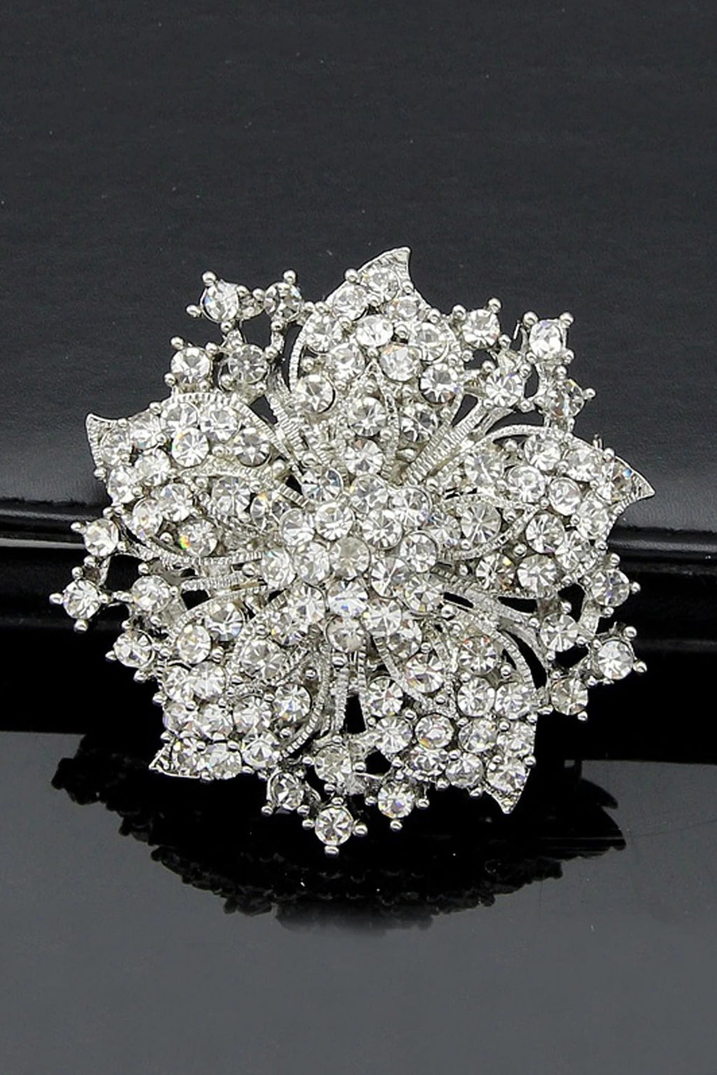Dense Pave Silver Crystal Flower Statement Brooch