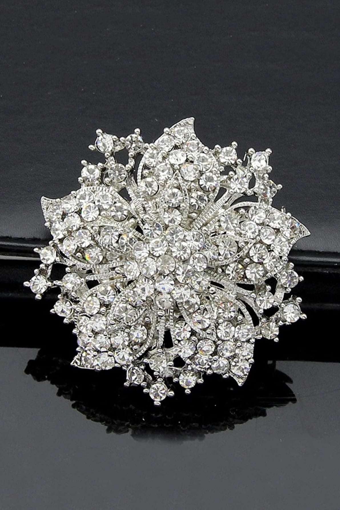 Dense Pave Silver Crystal Flower Statement Brooch