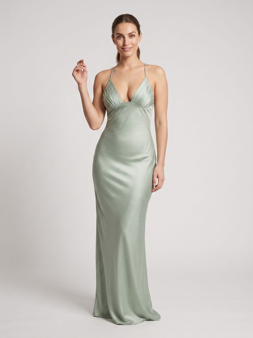 Mint Green Satin Mermaid V-Neck Backless Floor-Length Dress with Ruched Bodice