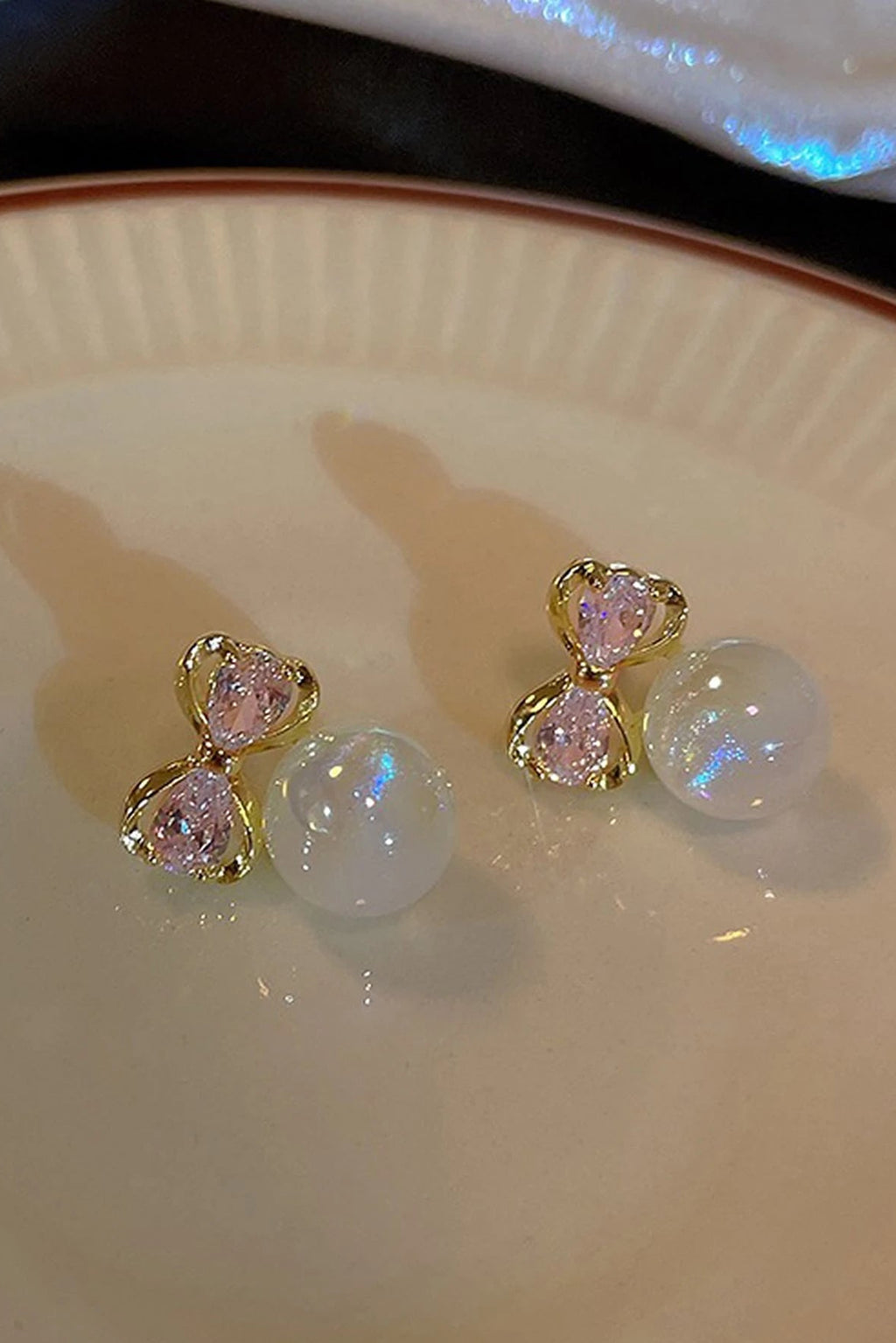 Sweet Pink Crystal Bow Pearl Stud Earrings Gold Delicate Jewelry