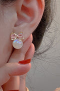Sweet Pink Crystal Bow Pearl Stud Earrings Gold Delicate Jewelry