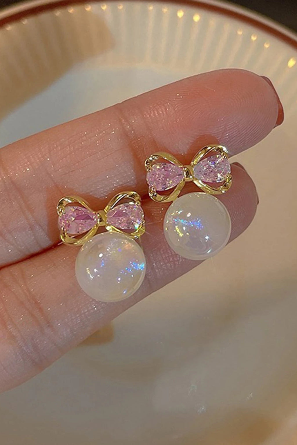 Sweet Pink Crystal Bow Pearl Stud Earrings Gold Delicate Jewelry