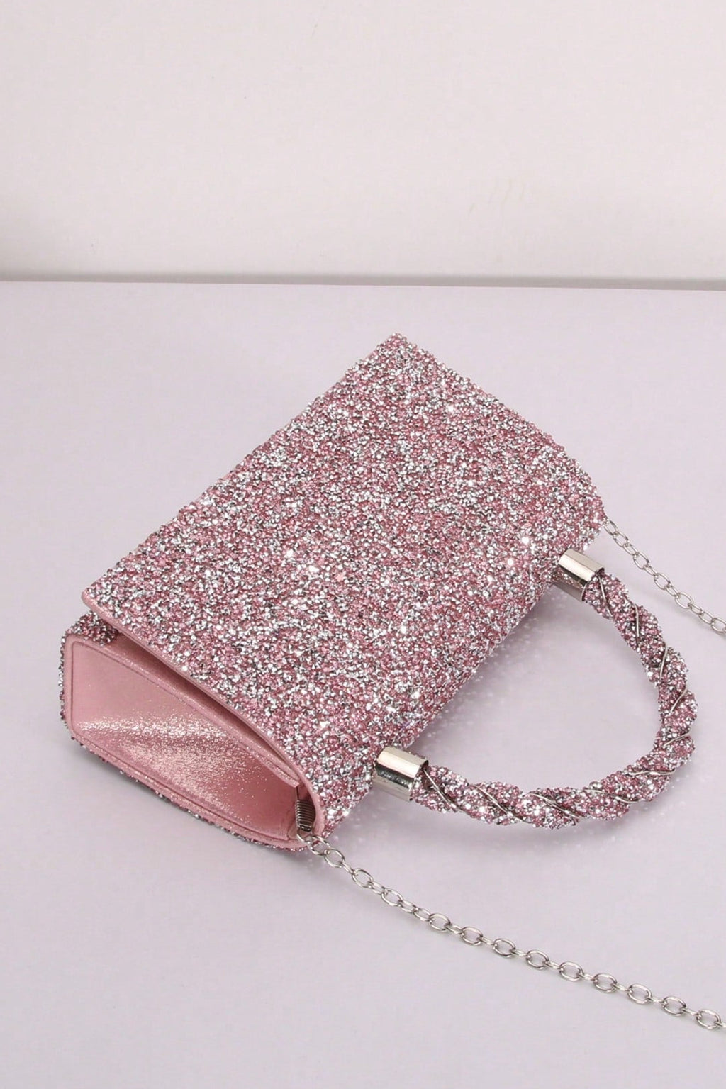 Pink Silver Gradient Mixed Glitter Rectangular Hard Box Clutch Bag Braided Glitter Short Handheld Handle